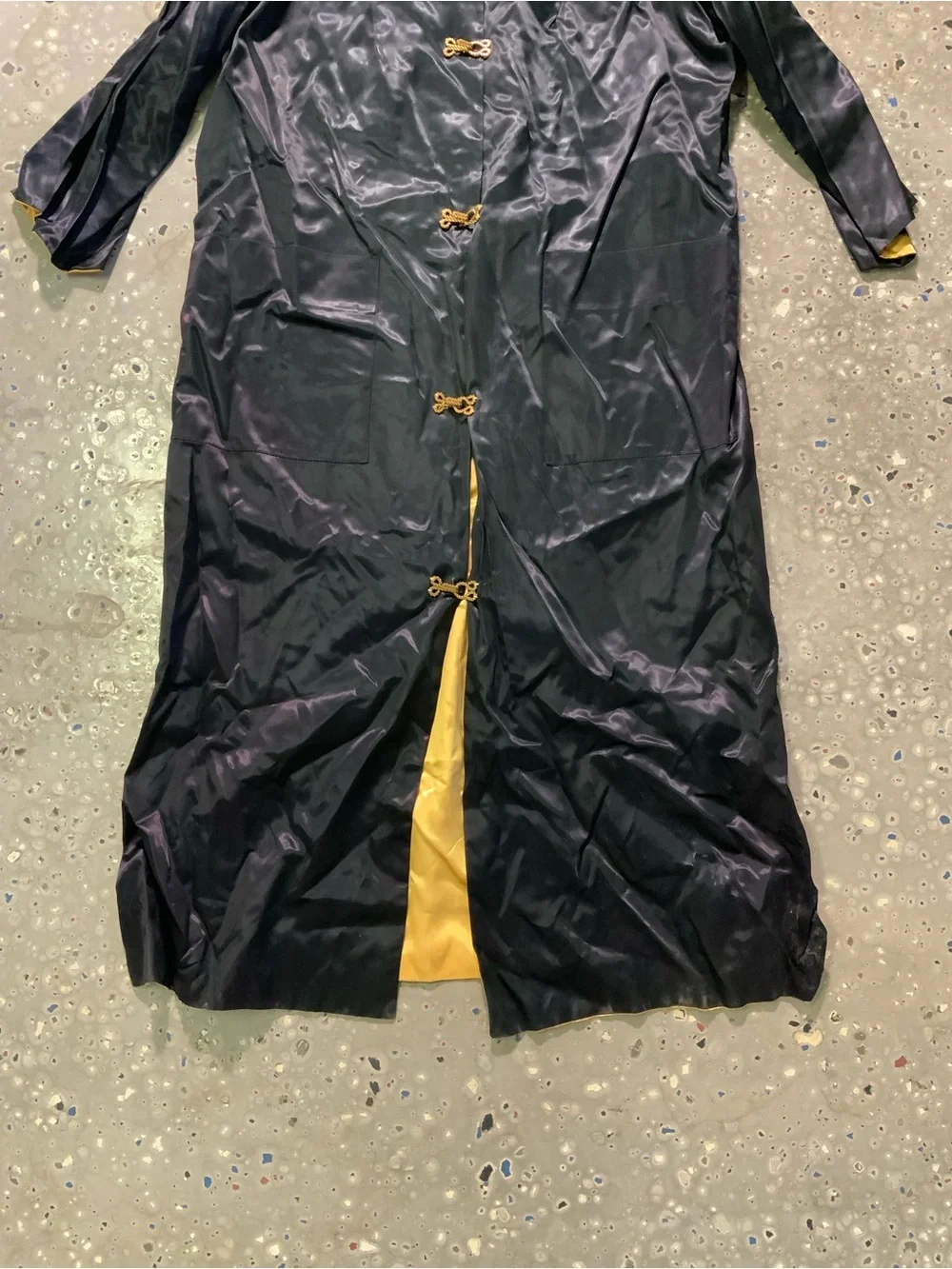 Men's Navy Satin Mandarin Collar Long Coat with Gold Trim